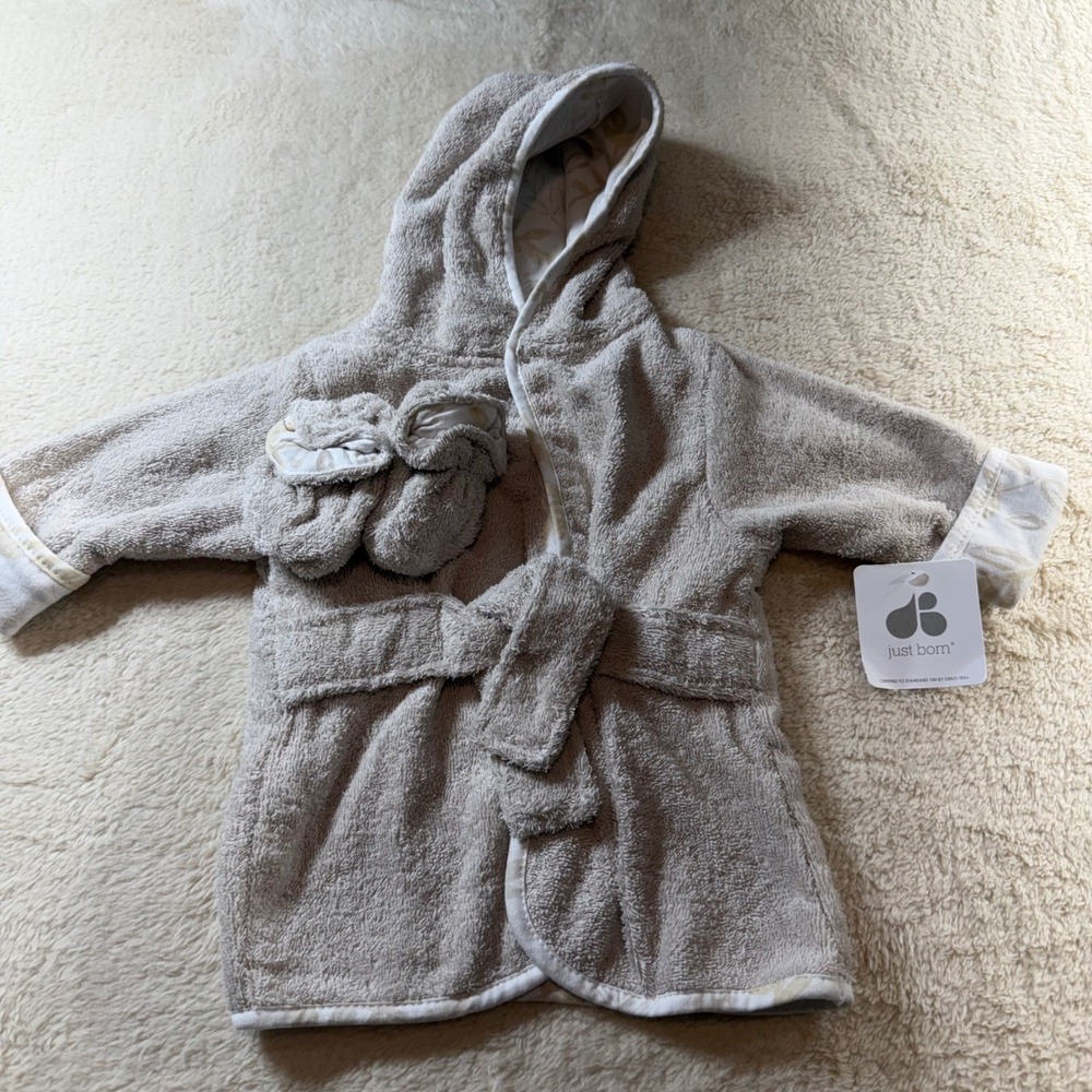 Just Born Baby Robe and Booties Set Soft Terry Cloth Neutral Gender Newborn